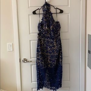 Navy halter lace dress w/ open back & nude lining
